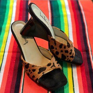 VTG LUICHINY CHEETAH PRINT HEELED PUMPS ~ OPEN TOE, 3" HEEL, MADE IN BRAZIL